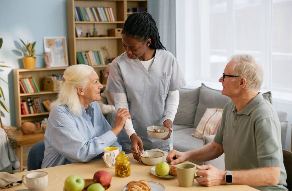 Caregiver serving breakfast to seniors in assisted living community promoting nutrition and connection