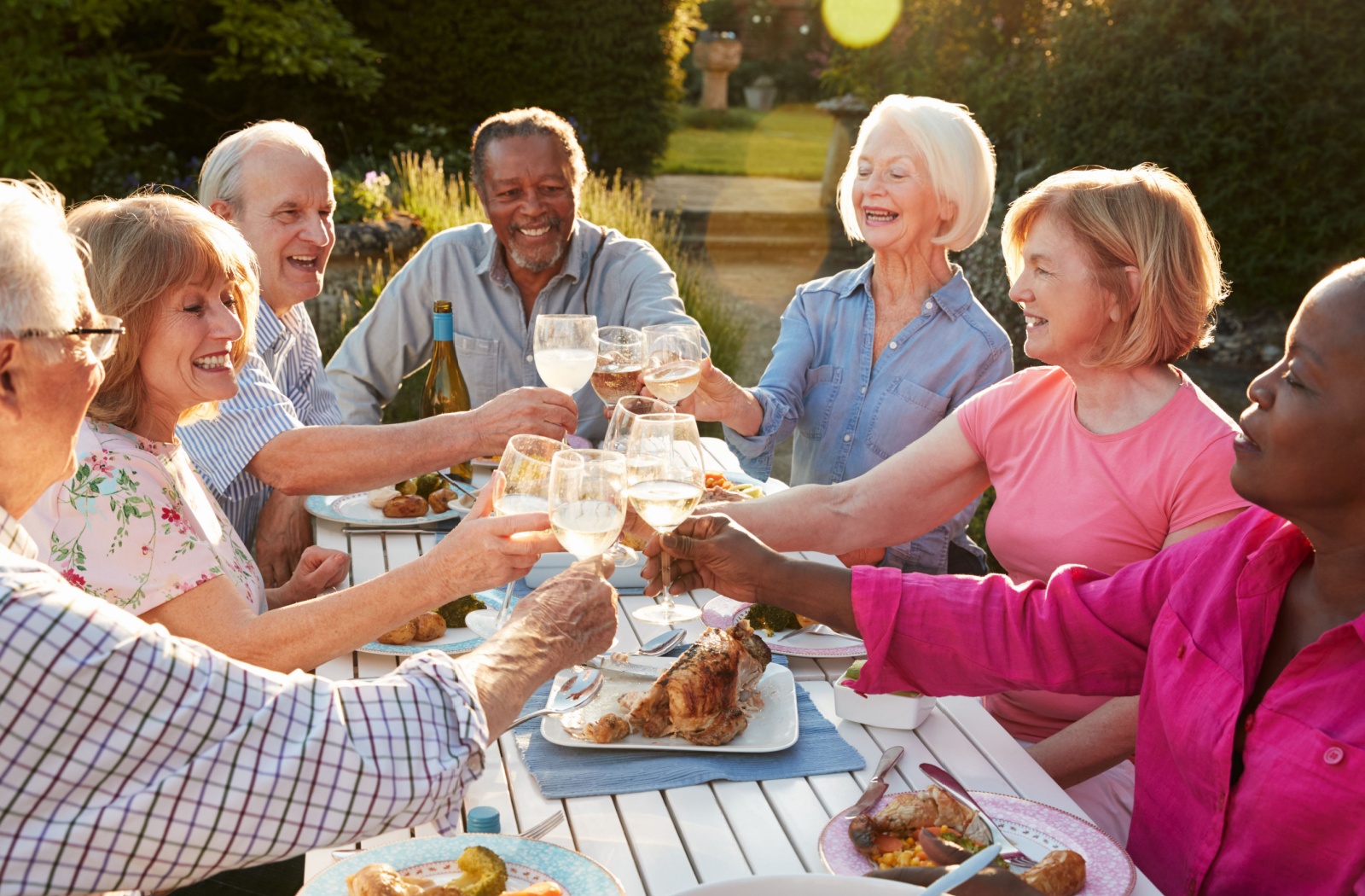 Group of seniors enjoying an outdoor meal together raising glasses and smiling at a picnic table during a sunny afternoon
