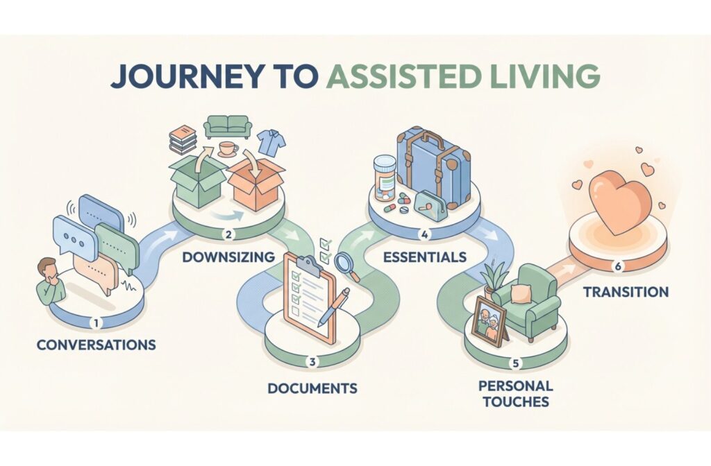 An infographic titled "Journey to Assisted Living", featuring 6 steps: Conversations, Downsizing, Documents, Essentials, Personal Touches, Transition

