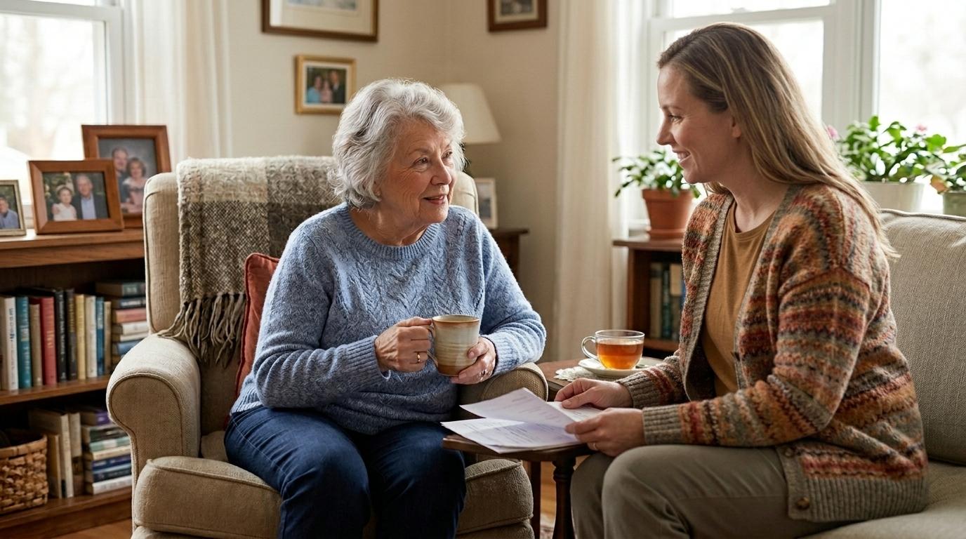 A senior and their adult family member enjoy tea together while discussing how to offer support at home.
