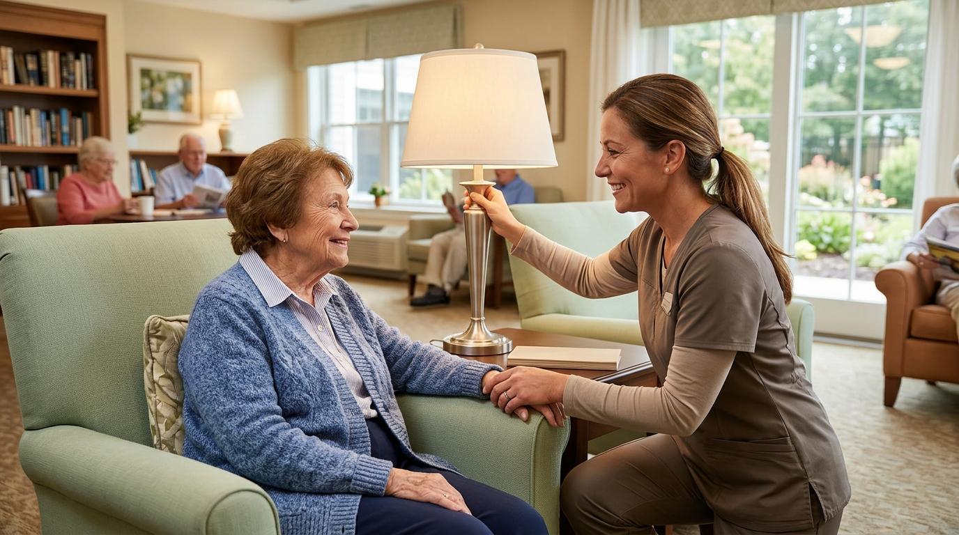 A smiling caregiver offers support and a gentle touch for a senior resident in assisted living.
