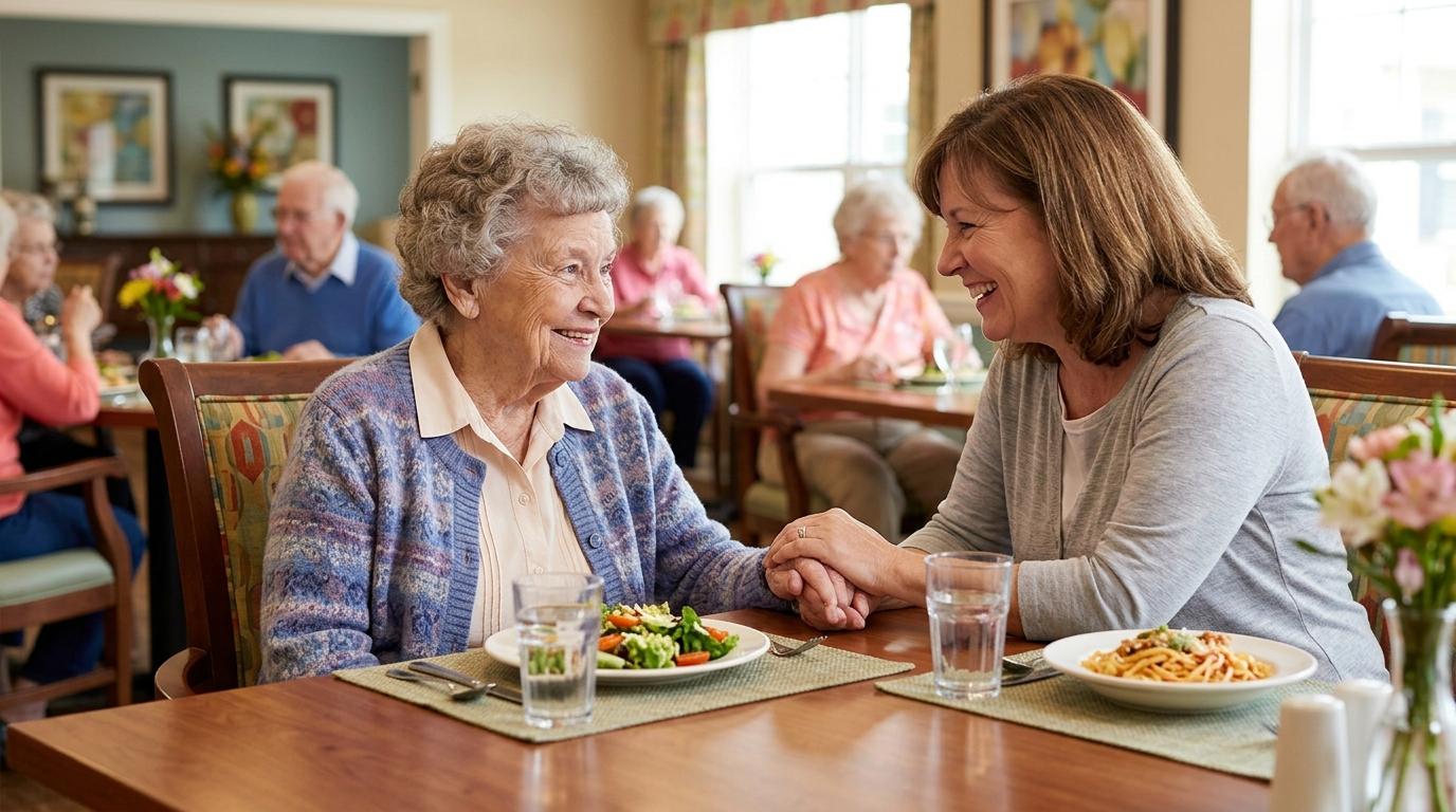 A family member shares a warm moment with an older adult during a short-term respite care stay at a senior living community.