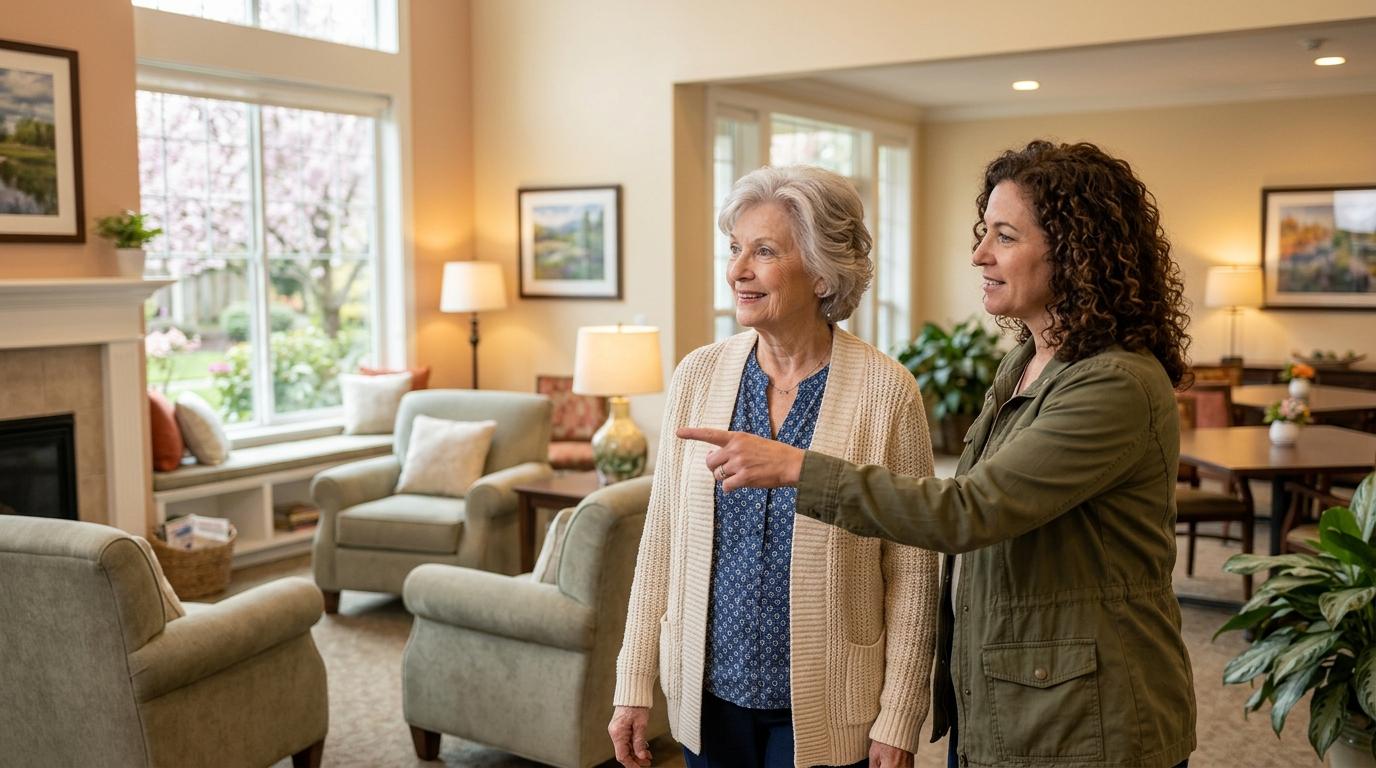 A smiling senior and family member tour a respite care common area.