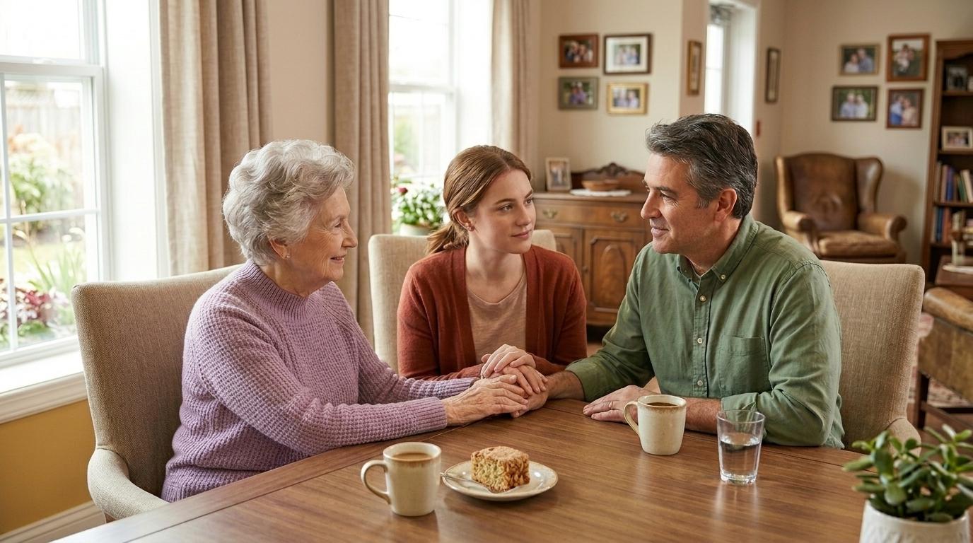 Family members sitting together with a senior loved one, discussing assisted living care options in a warm, comfortable setting.