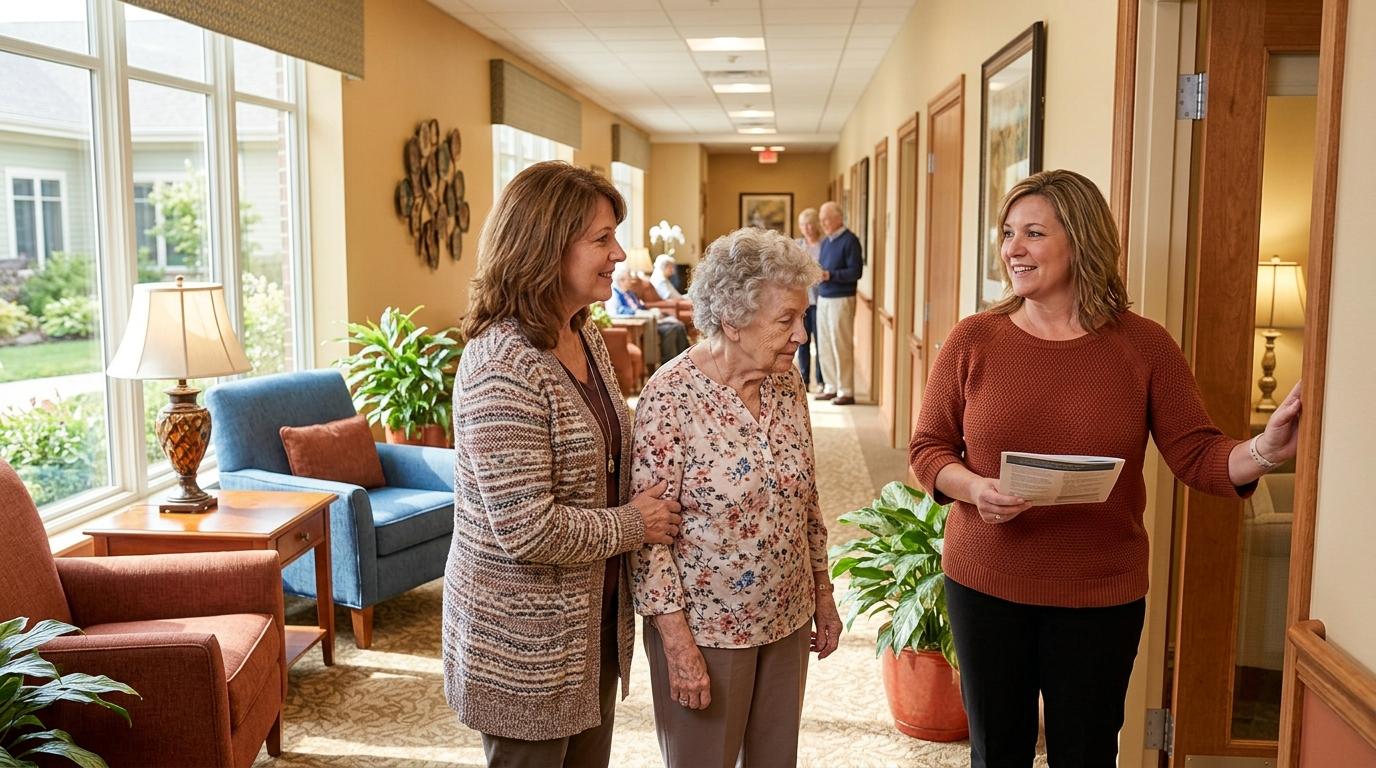 Family member and a senior touring an assisted living with a staff member