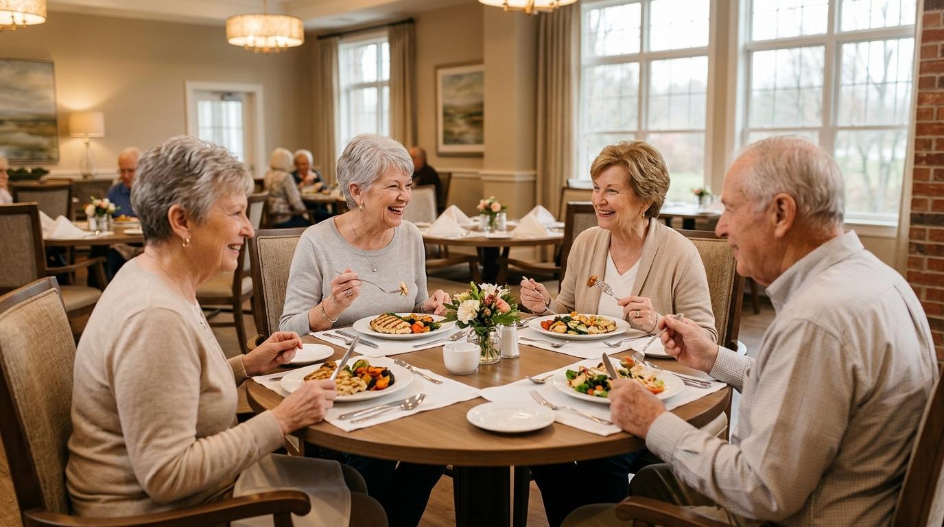 Assisted living dining room with seniors enjoying a warm, restaurant-style meal together in a welcoming community setting.