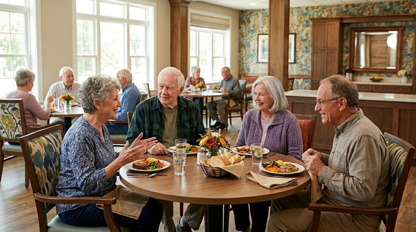 Seniors enjoy a nutritious meal together in a bright, welcoming assisted living dining room.