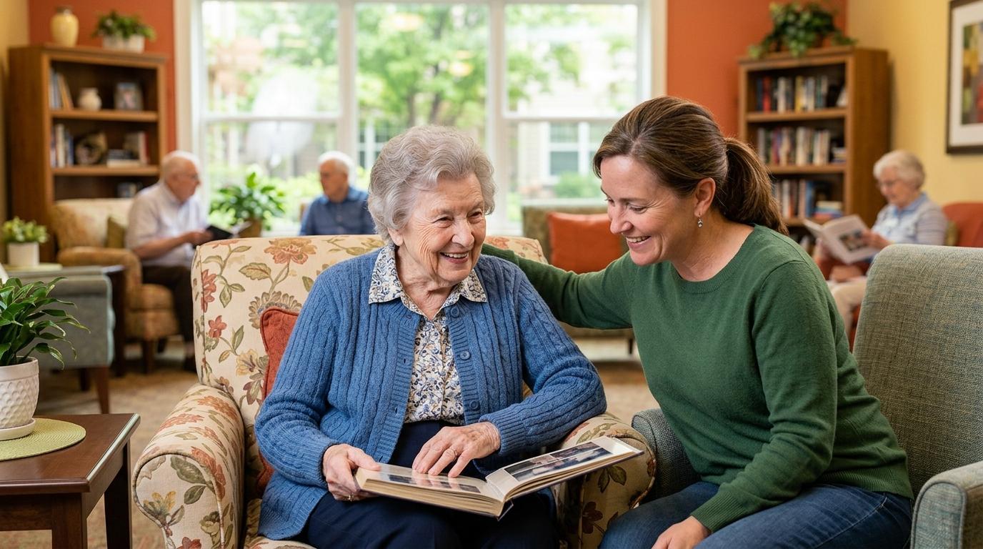A caring adult and a senior smile together at an assisted living community in Delmar, New York.
