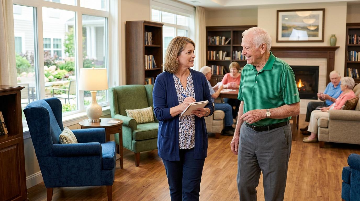 A senior tours a senior assisted living community, while speaking with staff about care options and daily life.