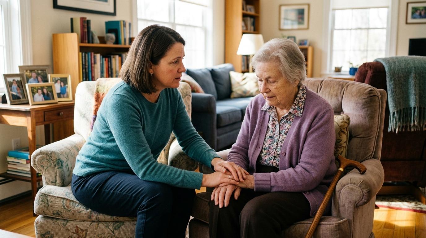 An adult child sits on the couch with their older parent and consoles them after a recent fall in their living room.
