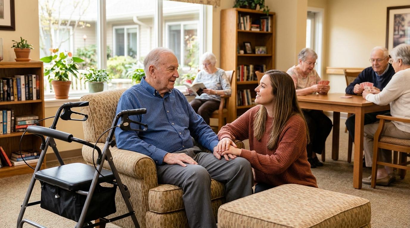 An adult child kneels and touches their older parent's leg during a visit in the common area of an assisted living community.